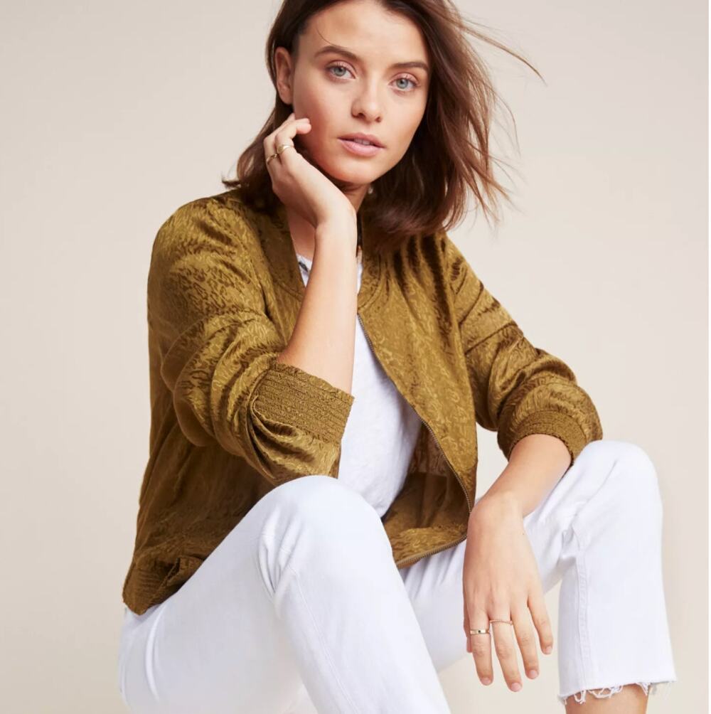 Anthropologie Maeve Silky Bomber Jacket Lightweight Olive Green Boho